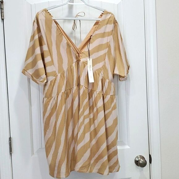 ✨️Mustard Seed Dancing Zebras Taupe,Striped Babydoll Dress✨️NWT, Large - Picture 1 of 5